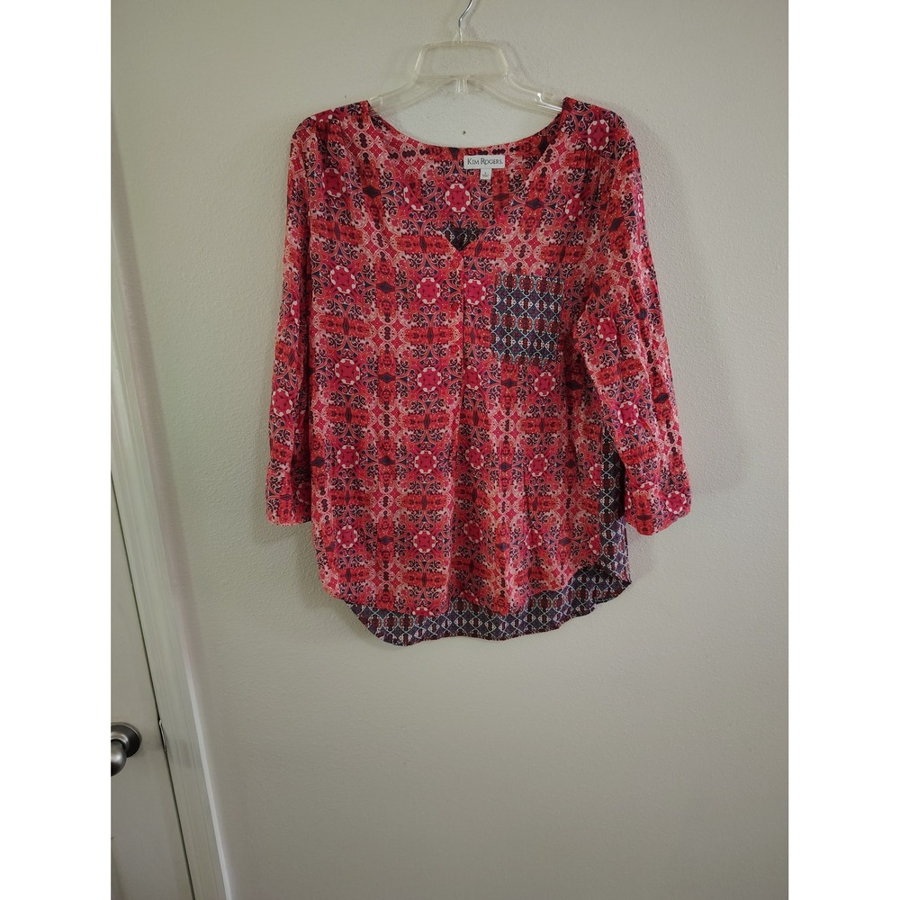 Kim Rogers Red Medallion Print 3/4 Sleeve Blouse Top‎ Large Mixed Pattern V-Neck
